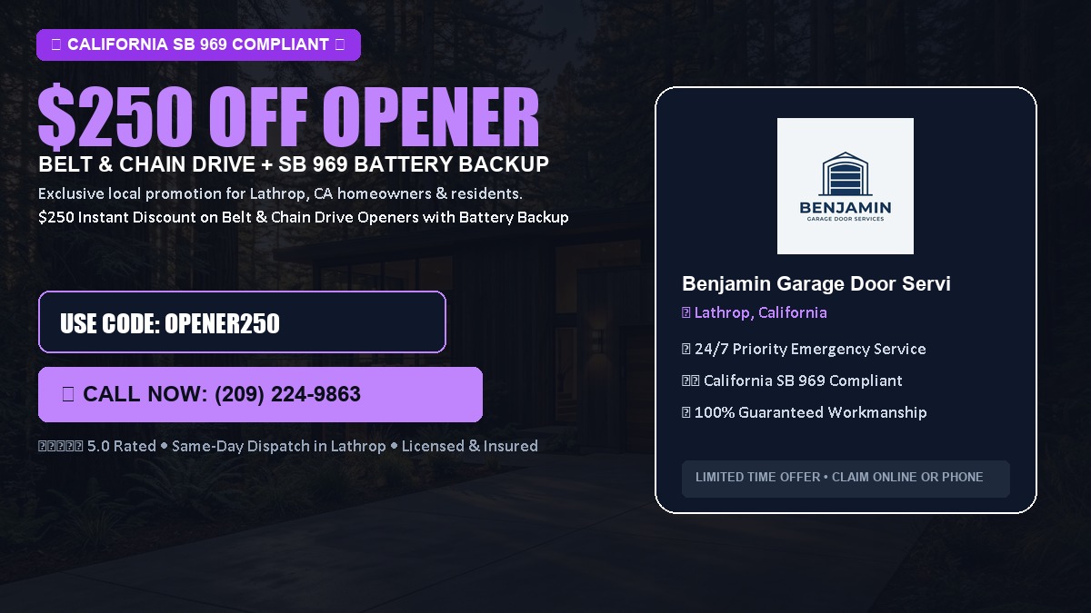 $250 OFF Smart Garage Door Opener Installation (Belt & Chain Drive with California SB 969 Battery Backup) in Lathrop, CA