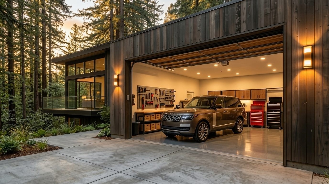 Benjamin Garage Door Services Interior View of Custom Garage Door Overhead and Workshop
